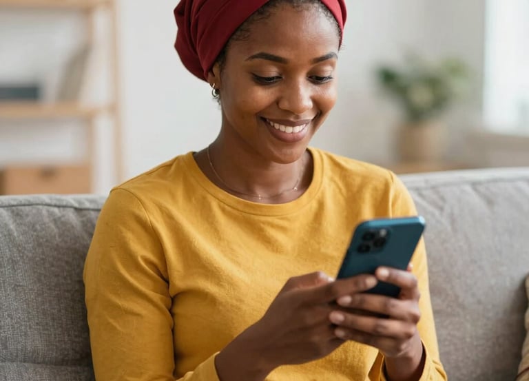 A friendly South African woman reading grant information on her smartphone at a cozy kitchen table.