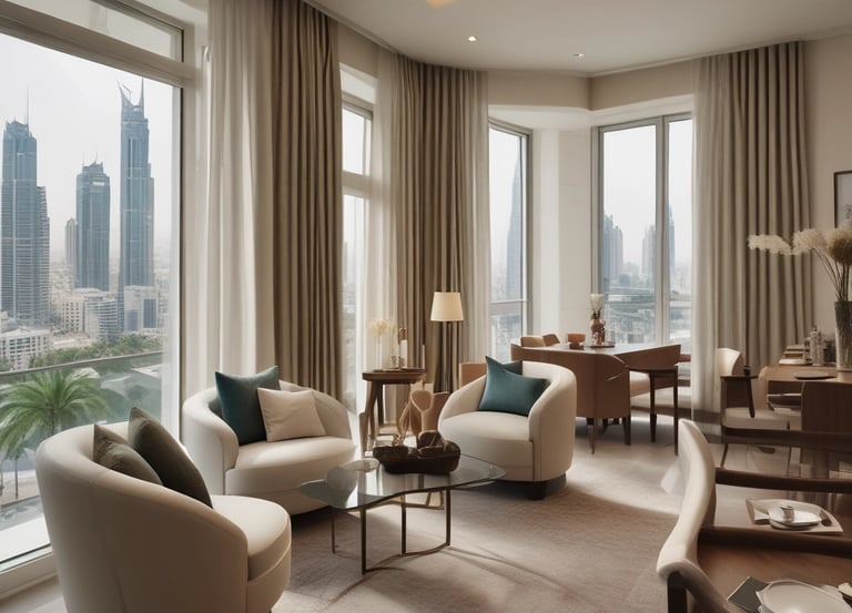 A cozy living room in a stylish homestay with warm lighting and tasteful decor.