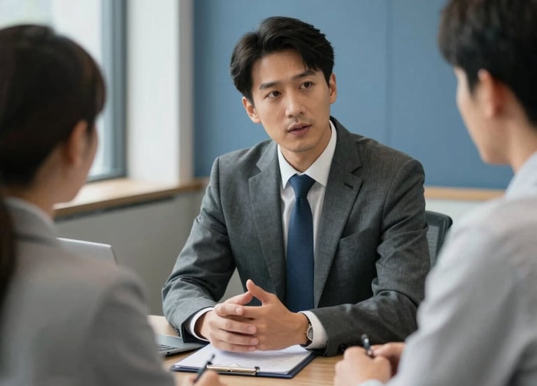 A professional financial advisor in business attire discussing strategy with a client in a bright, modern corporate boardroom in the US, with slate blue and grey accents.