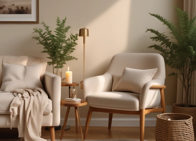 A serene, softly lit room with natural textures and calming sage accents.