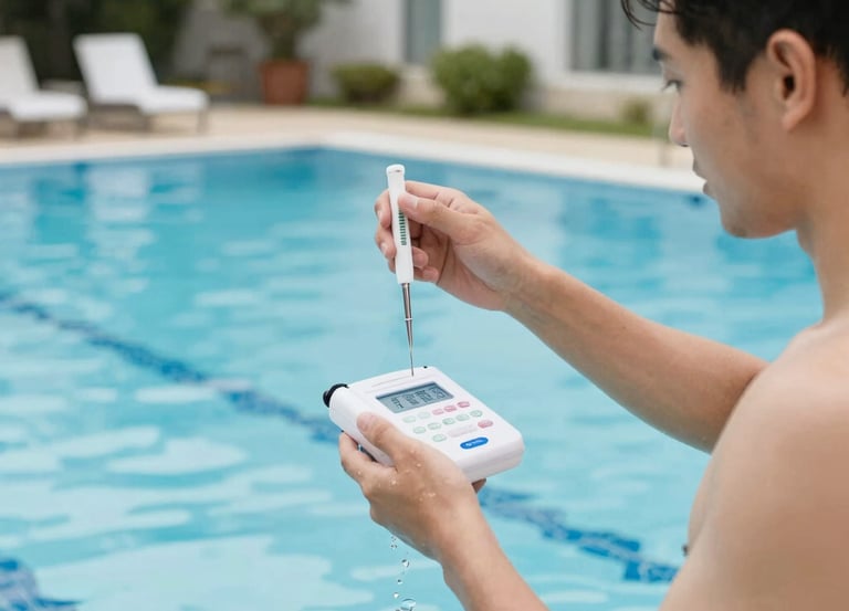 A sparkling clean swimming pool surrounded by a cozy home environment on a sunny day.
