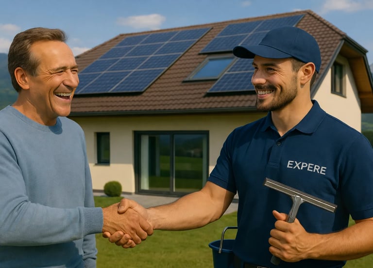 Laveur de vitres et panneaux solaires avec un client satisfait dans le Pays de Gex