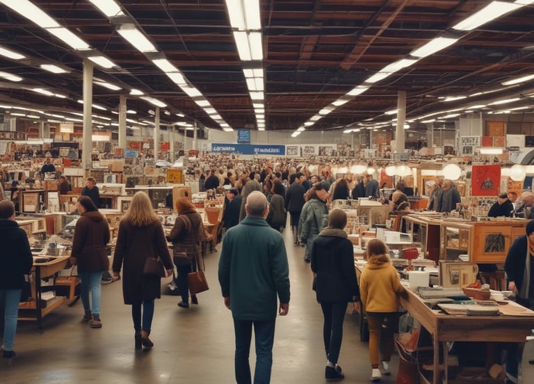 A busy trade show or exhibition with numerous people walking around. Stalls and banners for various brands are visible, with high ceilings showcasing industrial fixtures. Signs above the stalls display brand names and products, creating a bustling and lively atmosphere.