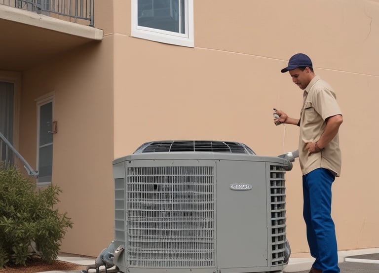 A modern, rectangular air conditioning or heating unit with the logo 'alpha innotec' is installed outside a building with a dark gray brick exterior. The unit is positioned against a light concrete wall, and there is overgrown grass along the edge of the pavement.