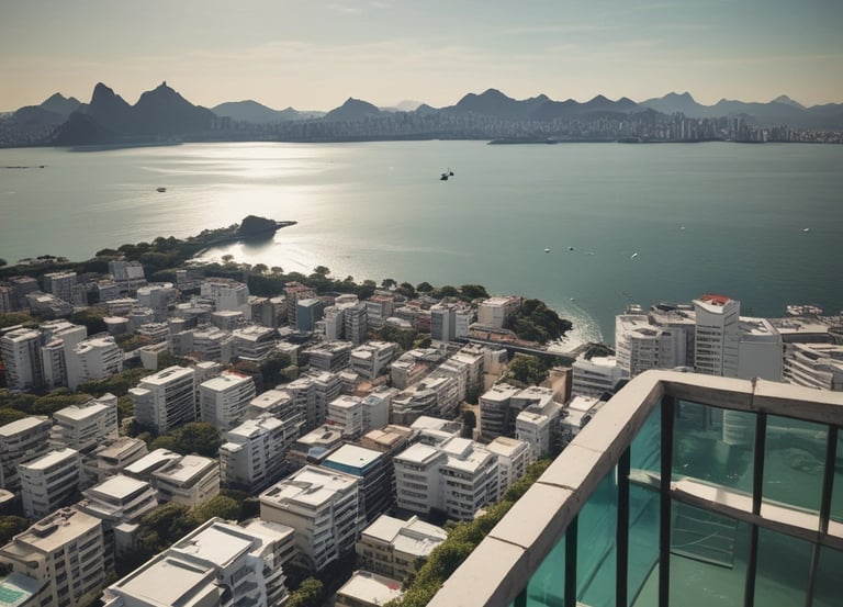 Luxurious residential buildings surrounded by lush greenery with a view of a tranquil bay and distant cityscape under a cloudy sky. Mountains are visible in the background, enhancing the scenic beauty of the area.