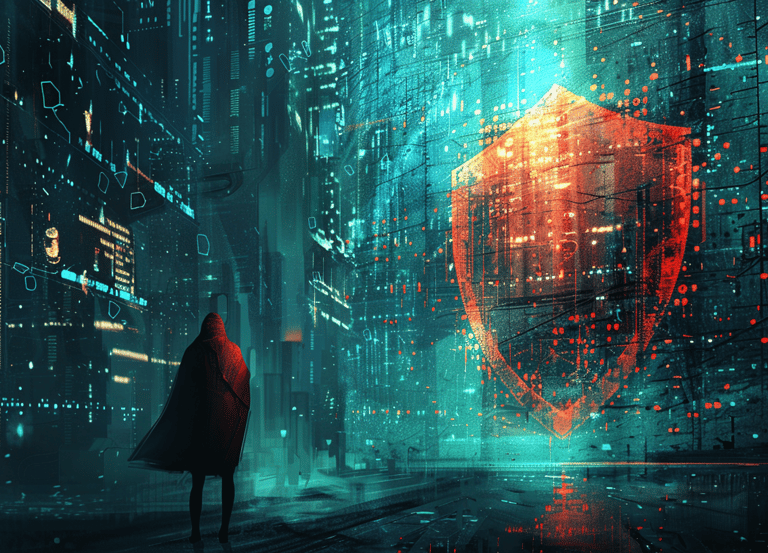 a man in a red cloak standing in a cyber city ready to defend it
