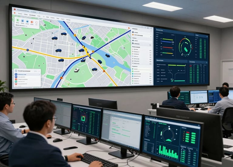 A sleek, modern office workspace with multiple screens displaying logistics data and maps.