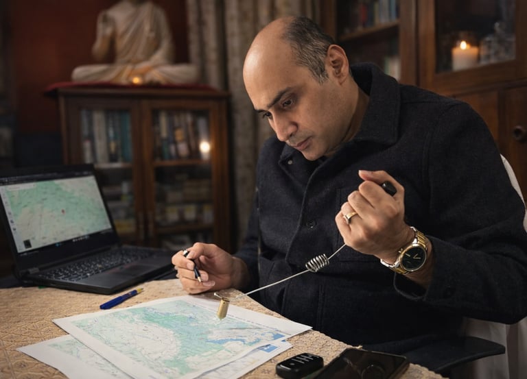 Dr. Prabal Frank Nandwani performing forensic map dowsing to locate a missing vehicle.
