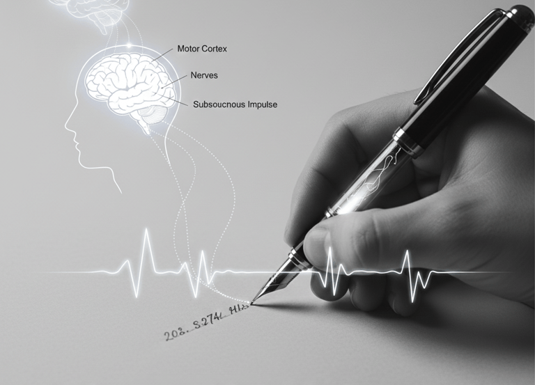 Diagram of the neural link between the motor cortex and handwriting in Clinical Graphology.