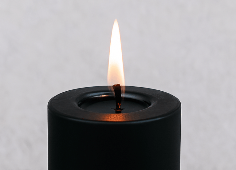 Close-up of clean-burning black pillar candle flame, designed for long-lasting ritual use.