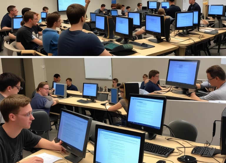 A black and white photograph of a classroom where multiple students are sitting at desks with computers. A person is interacting with the students, possibly teaching or assisting them. Large windows line the wall in the background, allowing natural light to illuminate the room.