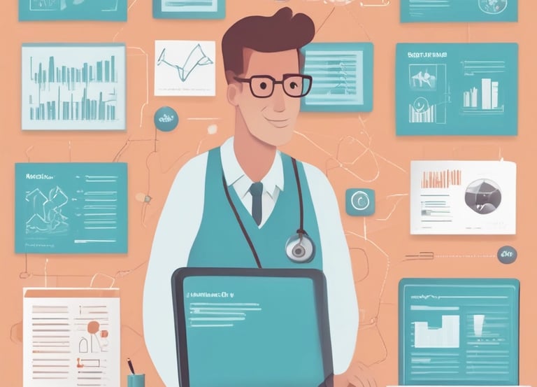 Infogram of a medical staff looking the screens with dashboards on a computer