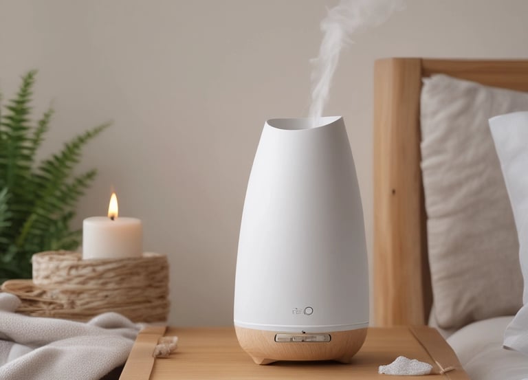 Non-toxic aromatherapy in a bedroom using an essential oil diffuser and soy candle