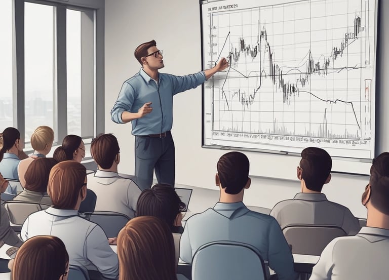 A tablet displaying a detailed digital financial trading interface with various graphs, charts, and numerical data. The screen shows candlestick charts with green and red indicators, illustrating market trends and stock prices.