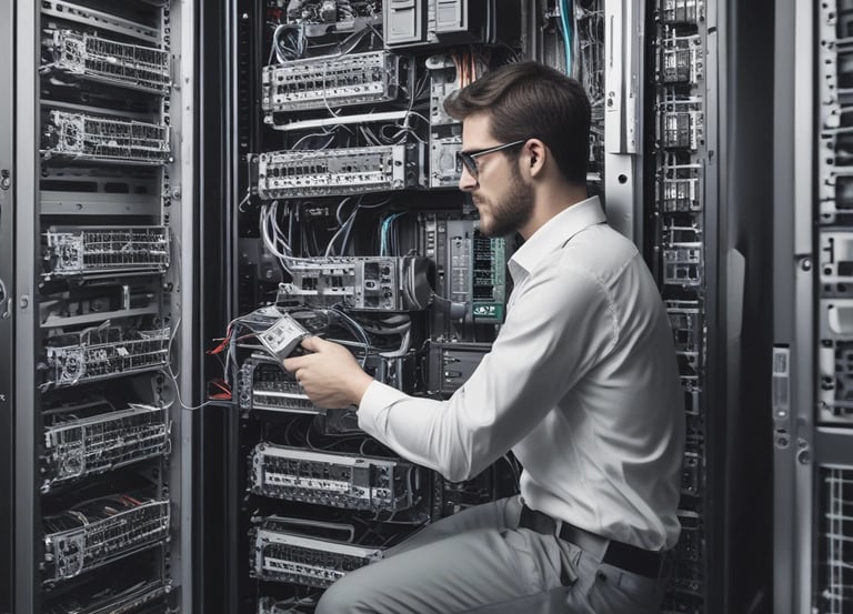 A digital illustration of a network diagram featuring interconnected servers, laptops, and nodes. The nodes are organized in a grid form and connected by glowing lines, centered around a power symbol. Various symbols are present on the servers.
