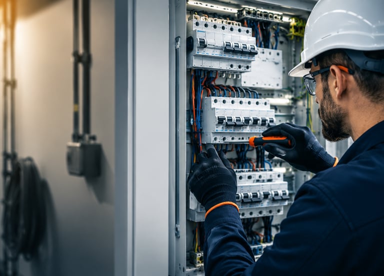 Électricien réalisant l’installation et le câblage d’un tableau électrique conformément aux normes d