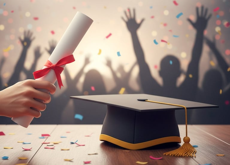 Alt= mão segurando diploma chapéu na mesa vitória