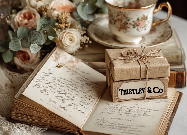 Vintage scene with an open book of handwritten letters, a floral teacup, a small gift box .