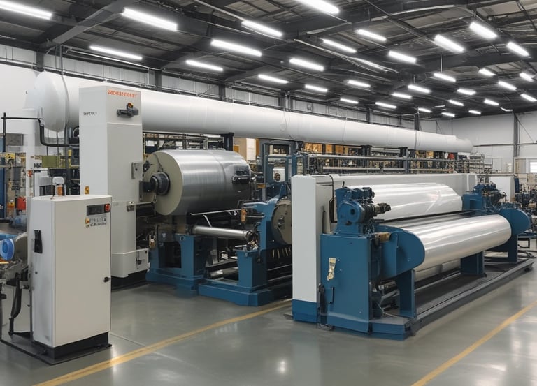 A minimalist packaging bag with a graphic design in light pink and orange hues. The print includes abstract shapes and a tree, with a circular red seal at the top center.