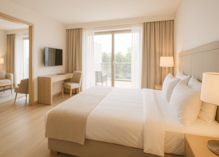 modern hotel room with large bed