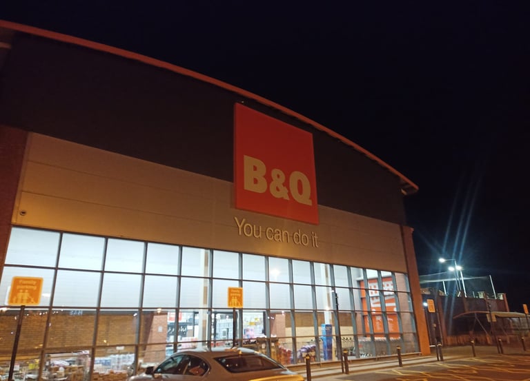 Exterior illuminated signage installation at B&Q retail store