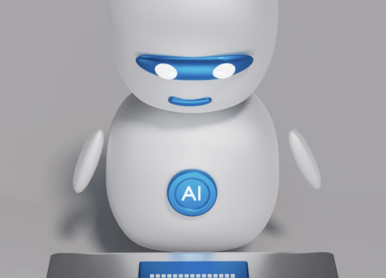 A small, white humanoid robot with blue accents, including eyes, mouth, and a circular badge with th