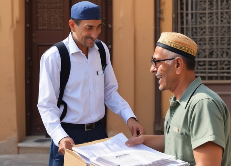 A delivery person handing over a document at a doorstep.