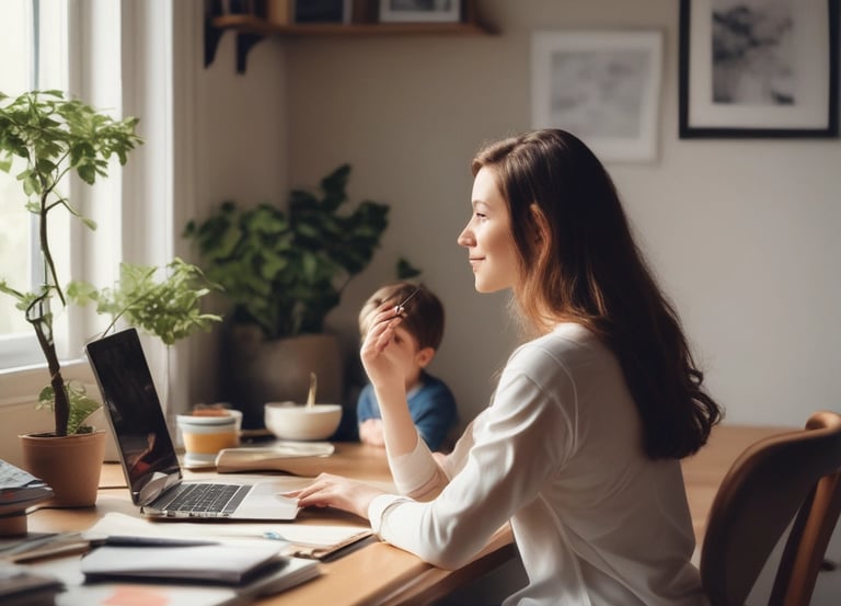 A diverse group of professional women working remotely on laptops in a bright home office.