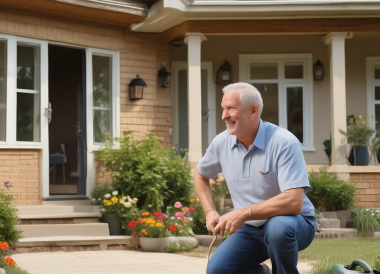 A two-story brick house features green shutters on its windows and a red metal roof. The front porch has teal railings and supports, with a set of concrete steps leading up to it. Fallen leaves cover the ground while bare branches from a nearby tree extend into view.