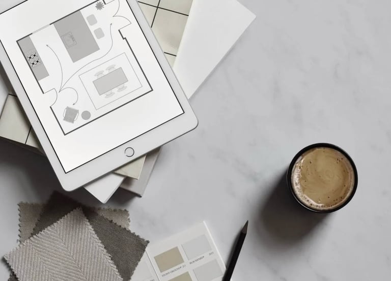 fabric samples alongside an ipad with a floorplan. Featuring a cup of coffee and a pencil