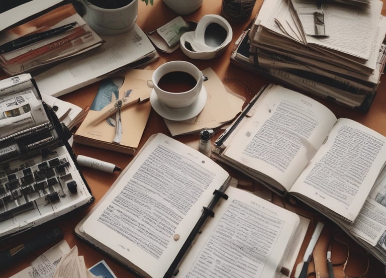 A black tablecloth with the words 'PRODUCT SCHOOL' covers a rectangular table. Stacks of books are neatly arranged on the left side of the table, while several papers with pens are laid out on the right. The backdrop features an industrial-style brick wall, and a plant can be seen to the side of the table.