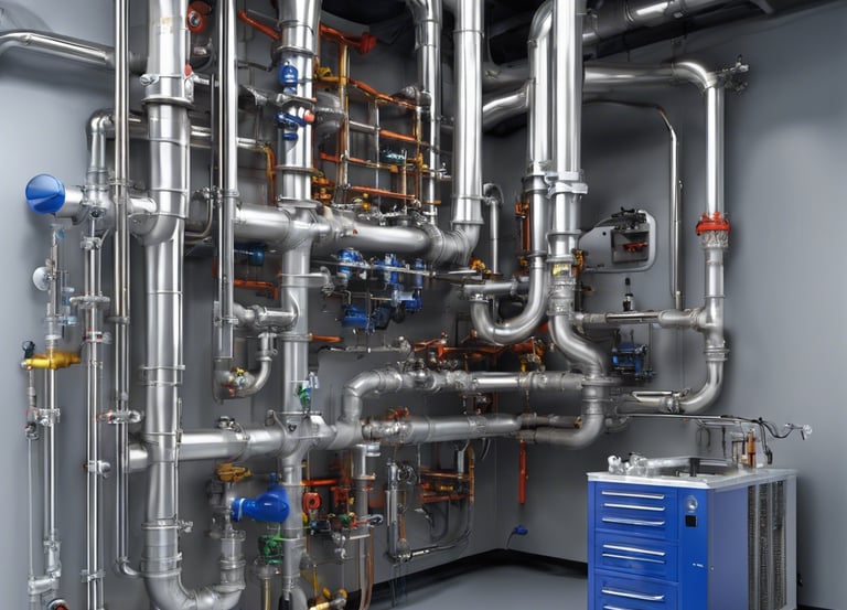 The image depicts a showroom or demonstration area showcasing various energy storage and conversion devices. Several white battery systems are stacked or aligned neatly. In the background, there is a diagram on the wall illustrating a solar energy system, including components like PV arrays, lithium batteries, inverters, and generators. A few blue battery cells are displayed on shelves to the right.