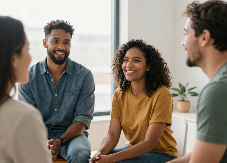 A warm circle of diverse people gently supporting each other in a cozy therapy room.