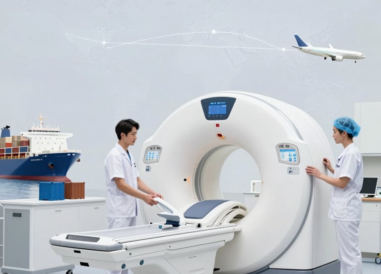A sleek medical device being carefully loaded into a shipping container at a busy international port.