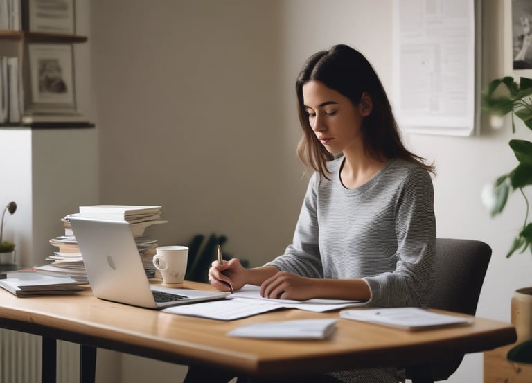 a woman sitting at a desk with a laptop and a notebook