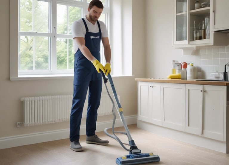 A professional cleaner carefully making a bed with crisp, fresh linens in a bright, welcoming short-term rental.