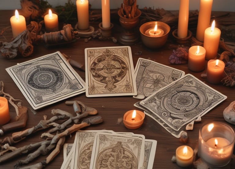 A serene tarot reading setup with cards and candles.