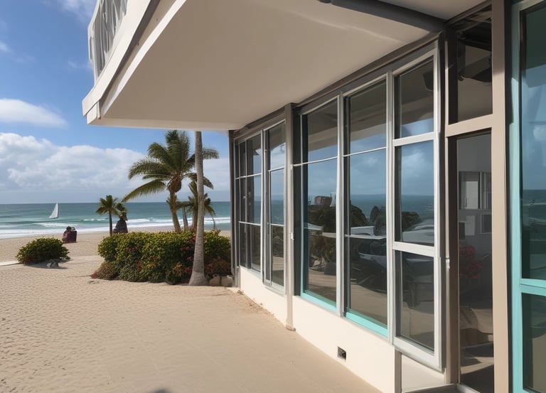 A worker is suspended on ropes, cleaning the windows of a large brick building. The person is equipped with cleaning gear, including a brush and a safety harness attached to a bucket of supplies. The window panes have visible streaks being cleaned, contrasted against the industrial background of brick and metal.