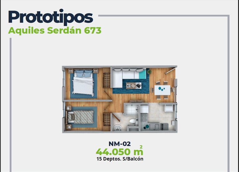 ASER Caracteristicas Departamento. Plano con 2 recamaras, sala comedor, baño y cocina. 44 mts2