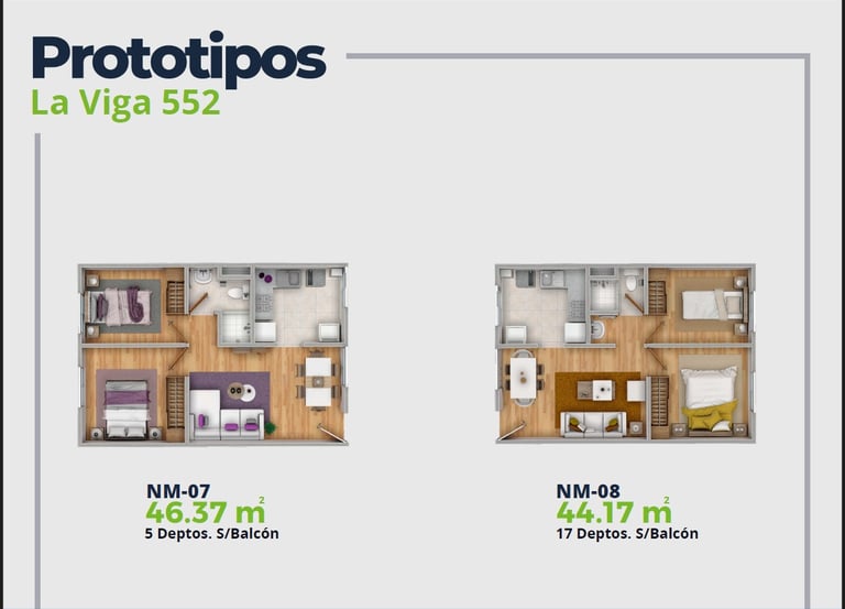 LV52 Características Depto.  Plano con 2 recamaras, sala comedor, baño y cocina. 46 a 44 m2