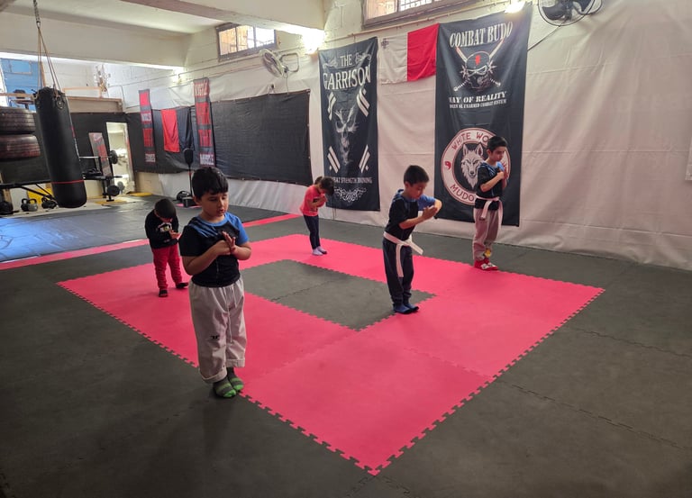 Young children practice martial arts bows on a red and black foam mat in a combat sports gym.