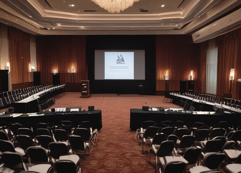 A vibrant conference room set up with professional audio and visual equipment, ready for a presentation.