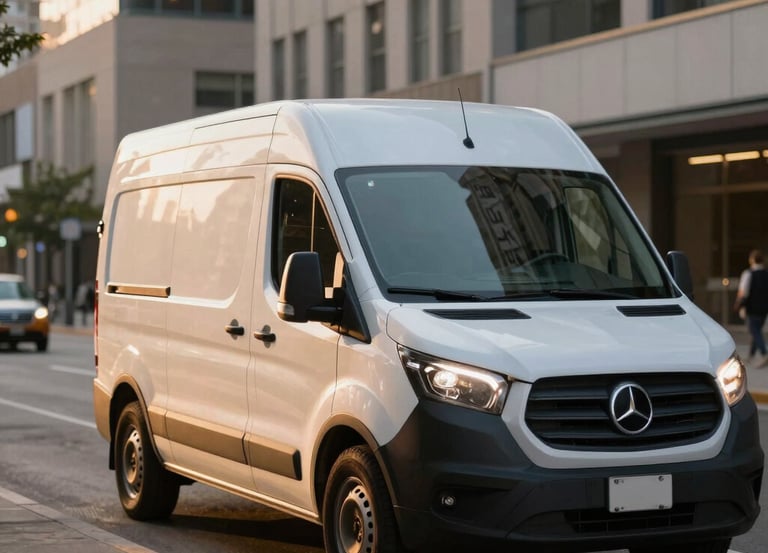 A sleek cargo van speeding through city streets under a clear sky.