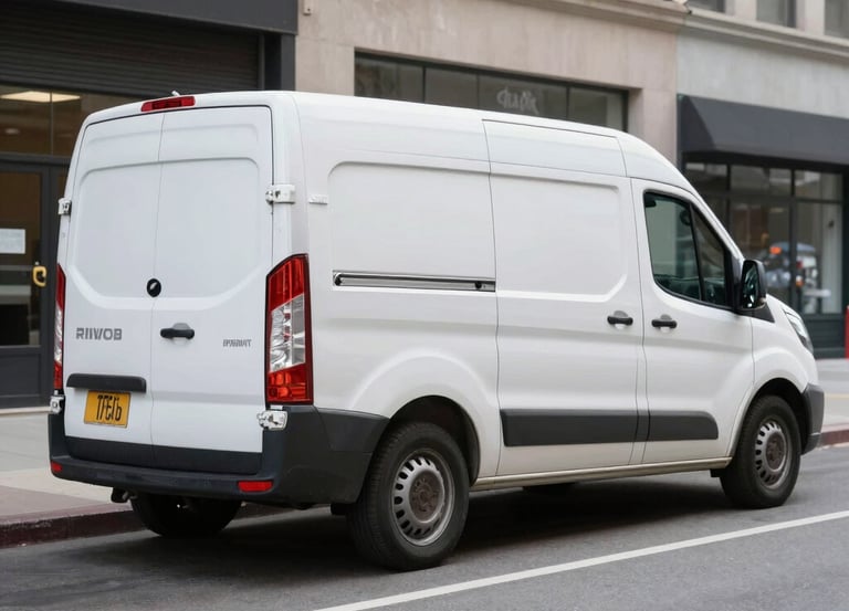 A sleek cargo van speeding through city streets under a clear sky, symbolizing fast delivery.