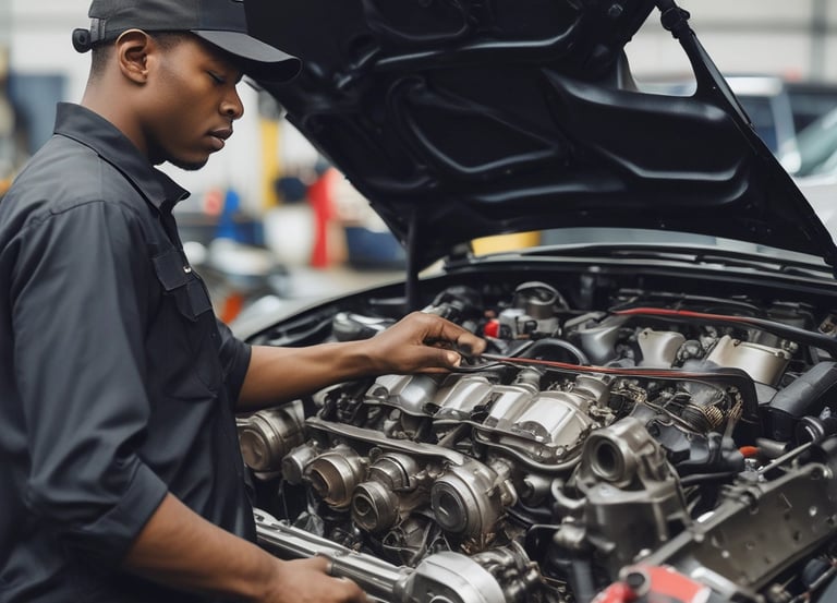 A mechanic working on a car engine in a repair shop.