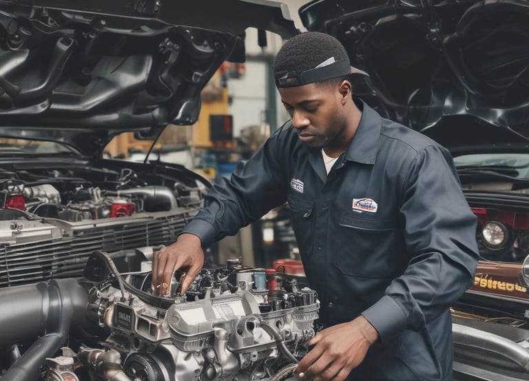 A mechanic working on an engine in a garage.