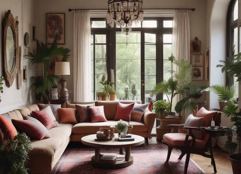 The image features a partially renovated interior space with ornate moldings and a large arched window with stained glass. Scaffolding and ladders are positioned throughout the area, along with painting supplies and construction equipment. The light coming through the window creates a contrast with the otherwise muted tones of the room.