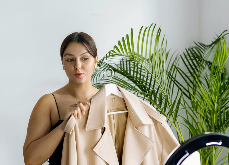 a woman in a black dress and a tan coat
