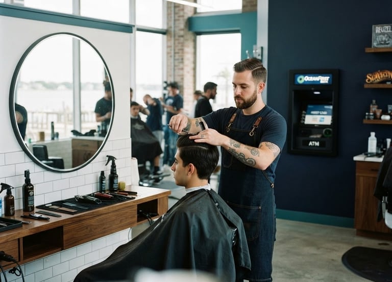 Bright natural daylight interior of a modern Ocean County barbershop, a professional barber styling a customer's hair, clean mirrors and teal accents, ATM integrated naturally into the corner background, 35mm lens.