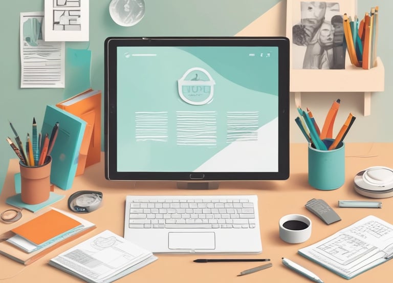A vibrant graphic design workspace showcasing tools and colorful designs.